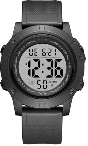 GOLDEN HOUR Montre Digitale Hommes, Montre de Sport étanche 5 ATM avec Rétroéclairage, Date, Semaine, Mois et Chronomètre, Bracelet en Silicone, Grand écran LCD