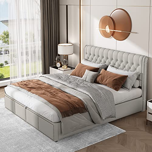 Zepneiy Letto 180 x 200 cm, con rivetti, letto imbottito 180 x 200 cm, con contenitore di cassette, letto matrimoniale con rete a doghe, letto per ragazzi moderni, in lino, grigio chiaro (senza