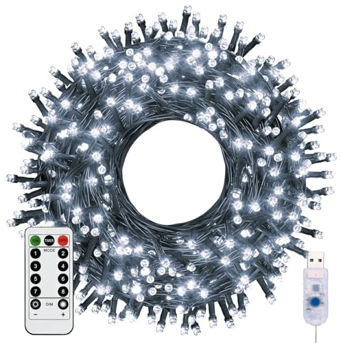 Woobroo Fairy Lights & USB String Lights, 20m 200 LEDs Copper Wire Light & Waterproof Outdoor Christmas Lights for Indoor Outdoor Lighting, Bedroom, Wedding Decor, Party, Christmas, Tree - White