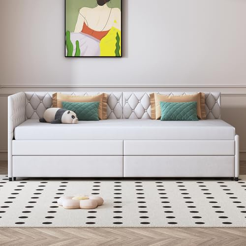 KEFSR Marco convertible tapizado de terciopelo 90/180 x 200 cm, marco extraíble con reposabrazos, plataforma con listones de madera, colchón no incluido (beige (3))