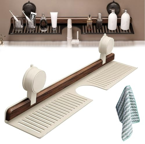 Walnut Suction Cup Bathroom Shelf, Removable Wood Faucet Storage Rack, Wall Mounted Sink Shelf Over Faucet, No Drill, for Bathroom & Kitchen, Storage for Toiletries, Bottles, Space Saver (white,19in)