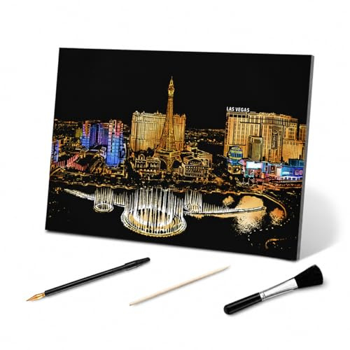 Homoyoyo Diy Kratzbild Las Vegas Nocturne Kratzmalerei Für Erwachsene Nachtansicht Mit Bambusstab Vergoldetem Stift Und Pinsel Kratzbrett Für Wanddekoration Oder Schreibtisch