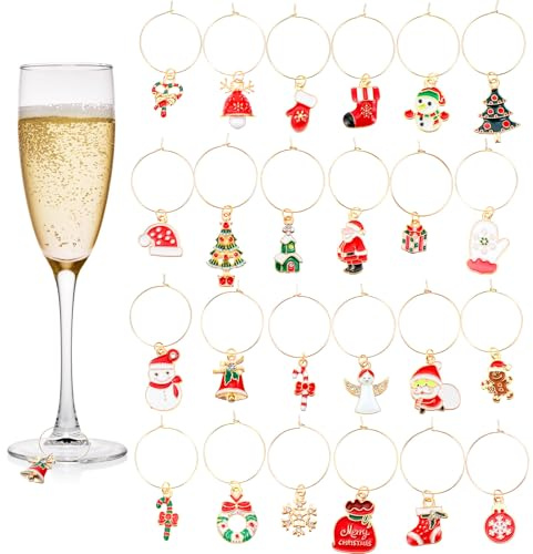 Lnngub 24 Pcs Christmas Wine Glass Charms,Christmas Drink Markers Christmas's Wine Glass Ring for Stem Glasses-Holiday Themed Party Favors Decorations Supplies