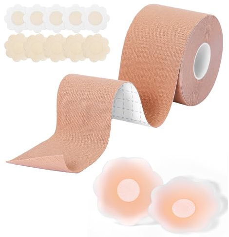 Boob Tape, Nastro Adesivo Seno, Reggiseno Adesivo con 1 Paia Riutilizzabile Silicone Copricapezzoli, 10 Petali di Seno in Raso per Torace Riunito Prevenire Il Rilassamento Toracico, Adatto per A-G