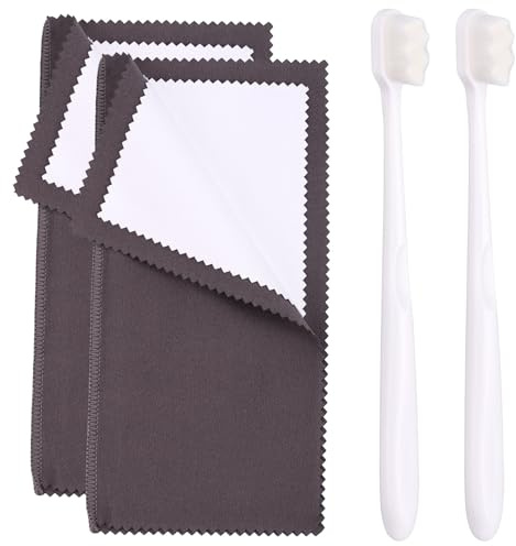 Kit de Limpieza de Joyas, Incluye 2 Paños Pulido Doble Cara y 2 Cepillos Limpiadores Ultrasuaves para Todo Tipo Joyas Diamantes Pendientes Anillos y Oro