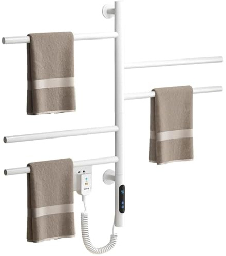 TuBanRen Scaldasalviette Elettrico Bagno Intelligente Portasciugamani Girevole a 180° con Schermo LCD Display Timer 1-9H Termostato Regolabile 30-70°C per Bagno Impermeabile (Bianco, 5 Bar)