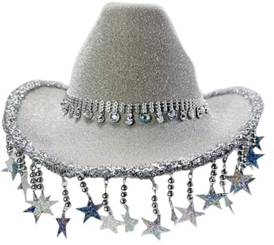 Glitzernder Cowboyhut mit Stern-Quasten - Western Hut Glitzer Karneval Hut für Damen & Herren für Karneval, Mottoparty & Festival