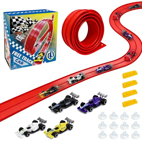 yolzhxe Autorennbahn 5M mit 4 Autos, Flexible Autorennbahn Kinder | Autorennbahns, Flexible Rennbahn Kinder, Rennstrecke Auto Spielzeug Geschenk für Jungen und Mädchen