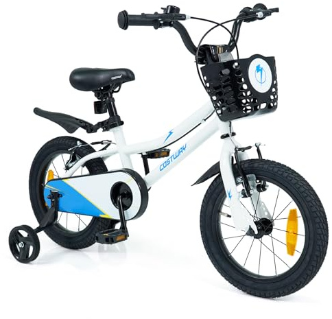 COSTWAY Barncykel med korg, 14 tums cykel med höjdjusterbar sadel och styre, barncykel med klocka, skyddsplåt, V-bromsar och stödhjul för 3–5 år, pojkar och flickor (vit)