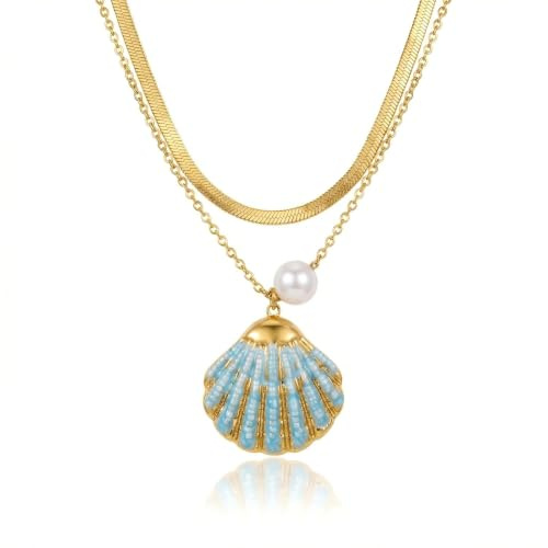 Xecamuvila Collar de Conchas para Mujer con Perla – Collar Veraniego de Playa con diseño esmaltado, Collar de Conchas Vintage Ajustable para Mujer, Collar de Cuentas para Vacaciones y Uso Diario
