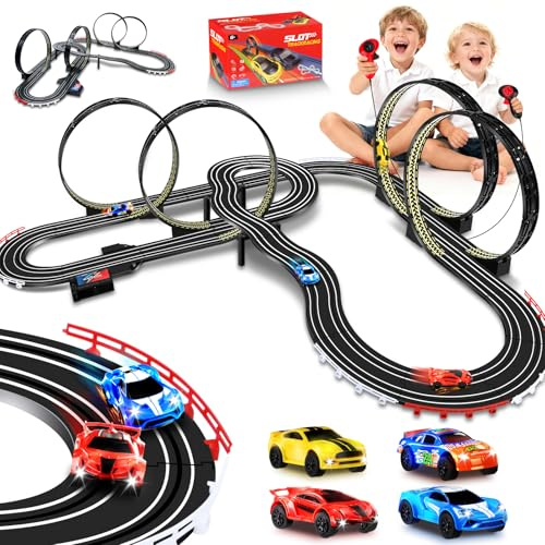 IEEILULU Rennbahn Kinder, Autorennbahn Elektrisch 821 cm mit 4 LED Autos | Autobahn Kinder, 1:64 Slotcars, USB Betrieb, Rundenzähler, 360° Looping, Geschenkidee ab 6-12 Jahren Jungen Mädchen