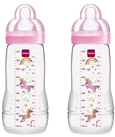 MAM Easy Active Bottles | 2 Pack (2 x 330ml) | Fast Flow MAM Teats Size 3 | Baby Accessories | Lilac (Various Designs)