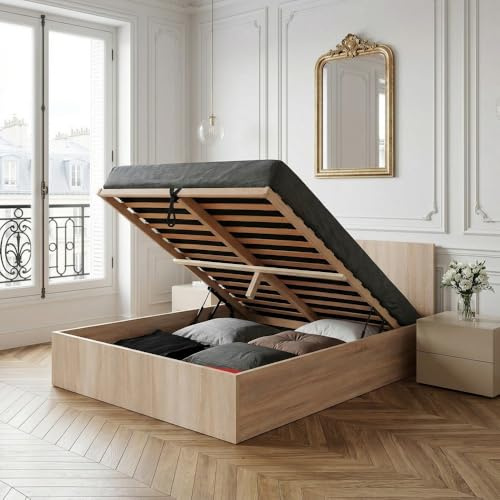 Weber Industries 035760 - Letto con Contenitore Madrid, con testiera e Rete a doghe in Legno, 140 x 190 cm, Legno, Chêne Blanchi, 140x190