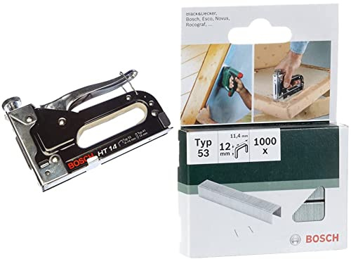 Bosch Professional Grapadora Manual Ht 14 (Madera, Tipo De Grapa 53) + 2 609 255 822 - Grapa Tipo 53 (Pack De 1000)