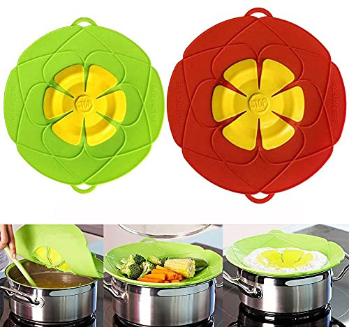 AUSINCERE Spill Stopper Lid, Anti Spill & Boil Over Safeguard, Silicone Pot Cover, Multi-Function Kitchen Tool (11(Red)+10.2“(Green))