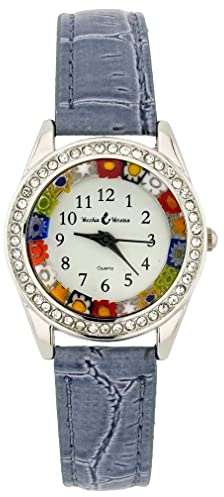 Glas av Venedig Murano-glasklocka Millefiori och kristaller med läderband – ljusblå, BLÅ, En storlek, armband