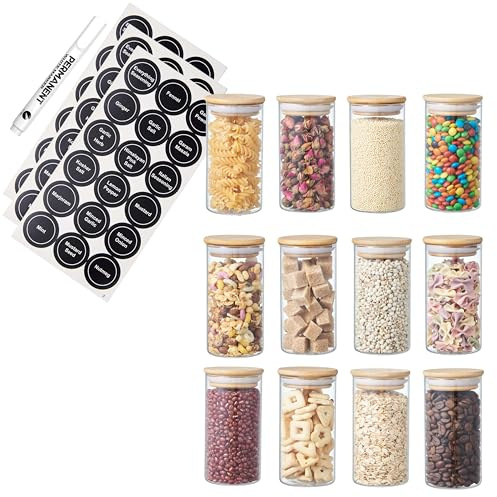 ORNAMI Small Glass Food Jar with Natural Bamboo Lid and Silicone Ring for Airtight Sealing, Little Clear Canister Jar for Kitchen Storage, for Grains, Seeds, Salt, Pepper, Spices - Set of 12 (300ml)