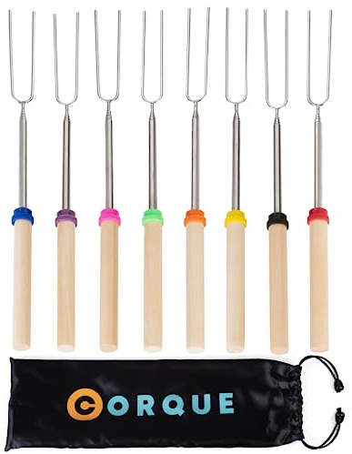 CORQUE 8 Stück Marshmallow Bratstäbchen Smores Sticks Ausziehbar Camping Spieß für Feuerstelle Holzgriff 81,3 cm Metall für BBQ Hotdog Kochen Lagerfeuer Lagerfeuer