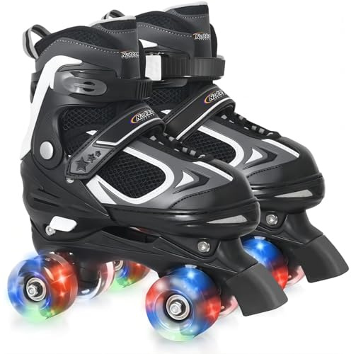 Kids Roller Skates for Boys - Black for Big Kids Age 7 8 9 10 - Adjustable All Light up Wheels Indoor Outdoor Sports Birthday Gift for Son and Grandson