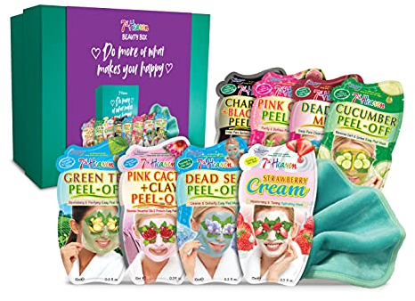 7th Heaven Beauty Box of Treats Gift Set with 8 Facial Skincare Masks, Soft Cleansing Facial Cloth and Decorative Keepsake Box - Contains a Variety of Peel-Off and Mud Masks