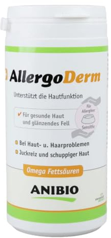 Anibio AllergoDerm 150g Haut- & Fellpflege Pulver für Hunde und Katzen – Ergänzungsfuttermittel bei Juckreiz, schuppiger Haut & Haarausfall – Getreidefrei, mit Leinsamen, Kräutern & Omega-Fettsäuren