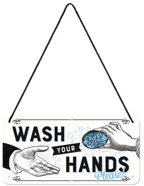 Nostalgic-Art Plåtskylt i retrostil för upphängning, Wash Your Hands – Varningsskylt som presentidé, av metall, Deko vintagedesign, 10 x 20 cm