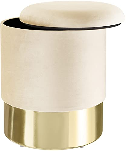 tectake® Sitzhocker mit Stauraum, Samt Sitzbox, Hocker rund, Pouf, Sitzpouf, Aufbewahrungsbox mit Deckel, als Schminktisch Stuhl, Zimmer Deko, Sessel Wohnzimmer oder Flurgarderobe - Creme