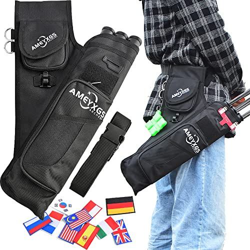 Tiro con Arco 3 Tubos Multifunción Cintura Span Flecha Carcaj Hombro Colgado Llevar Caza Objetivo Flecha Carcaj Bolsa con Bolsillos Laterales para Entrenamiento de Caza Objetivo (Negro)