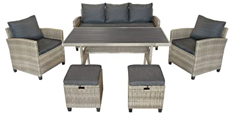 Green Spirit Garten Dininglounge-Set Madeira II - Grau, Polyrattan, für 7 Personen, Wetterfest, Gartenmöbel-Set mit 3-Sitzer Sofa, Tisch, 2X Sessel, 2X Hocker - ESS-Gruppe, Garten-Sitzgruppe