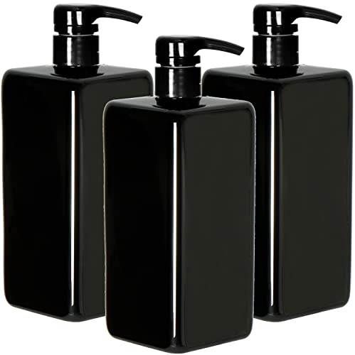 Youngever Lot de 3 Bouteille Pompe Shampoing 1L, Bouteille Pompe Vide Plastique 1000ML, Distributeur Flacon Pompe, Carre Noir