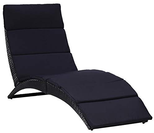 MOONAIRY Sonnenliege mit Auflage, Sonnenliege Balkon, Gartenliege, Strandliege, Relaxliege Garten, Saunaliege, Liegestuhl, Sonnenschutz Liege, Liege Balkon, Deckchair, Poly Rattan Schwarz