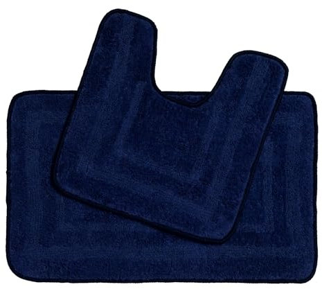 ED Anti-Slip Bath and Pedestal Mat Set 2 Piece 100% Cotton Quick Dry Washable Non-Slip Rubber Backing Soft Absorbent Water Soaking Mat Bathroom Carpet [Navy Blue]