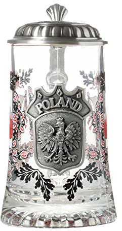 Artisan Owl Poland Flag with Polish Eagle Metal Icon Glass Beer Stein with Metal Lid and Thumb Lift