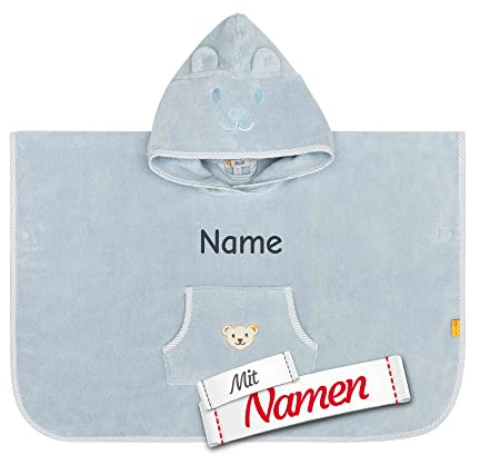 LALALO Steiff Badeponcho Celestial Blue mit Namen bestickt, Babyponcho Kapuzenponcho Kapuzenhandtuch aus Frottee mit Kapuze & Druckknöpfen, Geschenk zur Geburt, Taufe