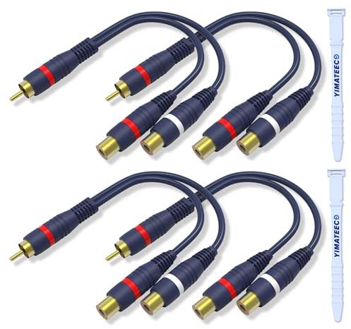 YIMATEECO RCA Splitter 15cm RCA Y Cable 1 Male to 2 Female Y Adapter Extension Cables AV Audio Cord Gold Plated Adapter Turntable Connectors for Subwoofer, Speaker, AMP, Home Theater(4Pcs, 1 to 2)