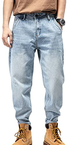 GUOCU Herren Jeans Hose Stretch Regular Fit Jeanshose Gerade Gewaschene Retro Jeans Bequeme Denim Hosen Karottenhose Freizeithose Lässige Lockere Haremshose für Männer Stil B 36W