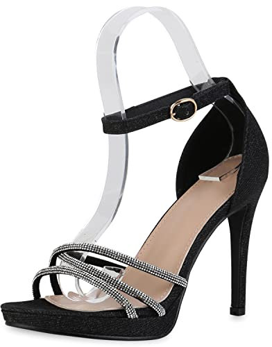 VAN HILL Damen Riemchensandaletten Sandaletten Party Stiletto Strass Schuhe Elegante Plateau Vorne Glitzer Riemchenschuhe 210721 Schwarz 40