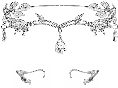 Rhinestone Crystal Bridal Tiara Und Elf Ohren Set Hochzeit Kopfschmuck Strass Blatt Hochzeit Krone Stirnband Fee Elf Kopfschmuck Pixie Cosplay Silber Für Hochzeit Abschlussball Geburtstag (3pcs)