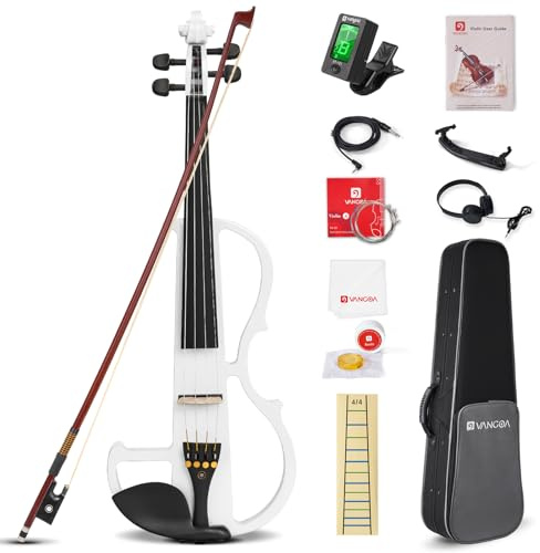 Vangoa 4/4 Violín Electrico Silencioso Tamaño Completo Electric Violin Set para Principiantes, Adultos, Estudiantes con Kits, Blanco