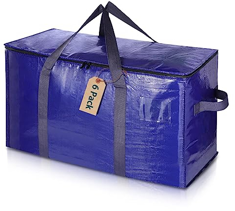 Uhogo 110L 6 Pack Heavy Duty Extra Large Storage Bags - Thicker Waterproof Storage Bags with Zips for Moving, Travelling, Camping, University, Garden Tools, Holiday Decorations Storage - Blue