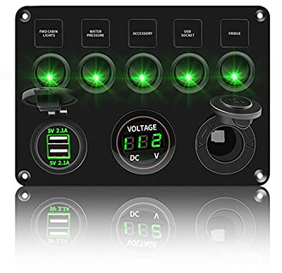 INEOUT 5 Gang LED Schalttafel 12V-Steckdose 4. 2a USB. Ladegerät Digital-Voltmeter-Kippschalter-Kontrollsteuerung for Boot Camper Marine RV (Color : Type2 Green)