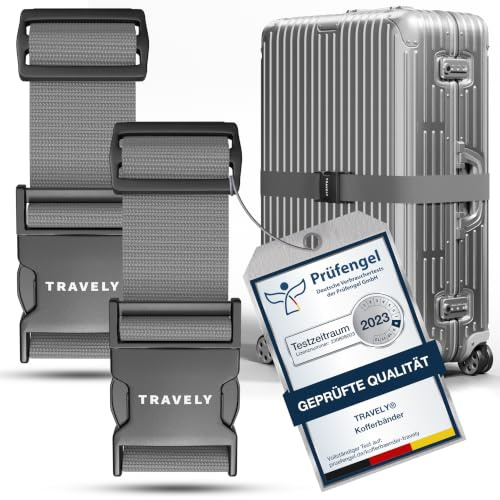 Travely® Premium Koffergurt - Besonders Auffällig & Sicher - Inkl. 2 Namensschildern - Gepäckband ideal über Kreuz - [2er Set] - Grau
