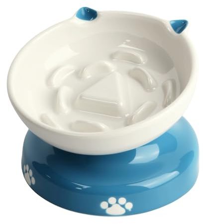 Y YHY Ceramic Slow Feeder Cat Bowl, Elevated Cat Bowl Tilted Design Slow Feeder for Dog and Cat for Dry and Wet Food, Blue