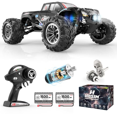 Hosim 1:10 fjärrstyrd bil, snabb med ljus, RC bilar, offroad 48 km/h, hobbykvalitet, drift, RC monster, truck med 2 batterier 40 min speltid för barn, vuxna (X06, svart)