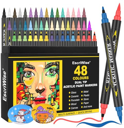 EscriWise 48 Colors Dual Tip Acrylic Paint Pens Set-Permanent Acrylic Paint Markers with Brush and Fine Tip, Water Based Art Paint Pens for Rock Painting Canvas Wood Fabric Glass DIY Craft