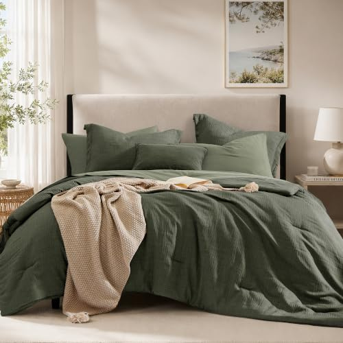Geniospin Dark Olive Green Queen Comforter Set - 7 Pieces Comforter Queen Size, Solid Bedding Set for All Season, Textured Bed in a Bag with Sheets