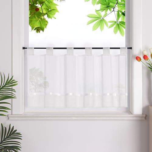 HeichkelL Scheibengardine, Leinenoptik Gardine, Weiß HxB 45x120 cm | Küchengardine mit Schlaufen, Halbtransparent Bistrogardine, Landhausstil Kurzstores