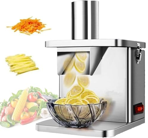 Quixnova Cortador de Verduras Comercial - Cortador automático de Patatas y Cebolla de 250 W Rebanador de Acero Inoxidable - Discos para rebanar y Discos para rallar
