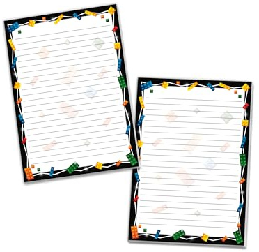 2 bunte Schreibblöcke Briefpapier Schulheft liniert für Mädchen Kinder Schule Teens Erwachsene Unisex Bausteine Bauklötze bunt schwarz (2 Blöcke A5 mit je 25 Blättern)