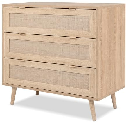 KHG Kommode hell-braun, Schublade, 40 cm,x80, für Stauraum und Ordnung | mit 2 Schubladen modern Eiche-Optik, Sideboard aus Holzwerkstoff Rattan-Optik, Gestell aus Massivholz, für den Alltag